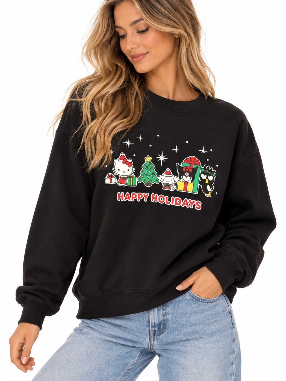 NWOT Hello Kitty Black Holiday Graphic Sweatshirt with Festive Characters